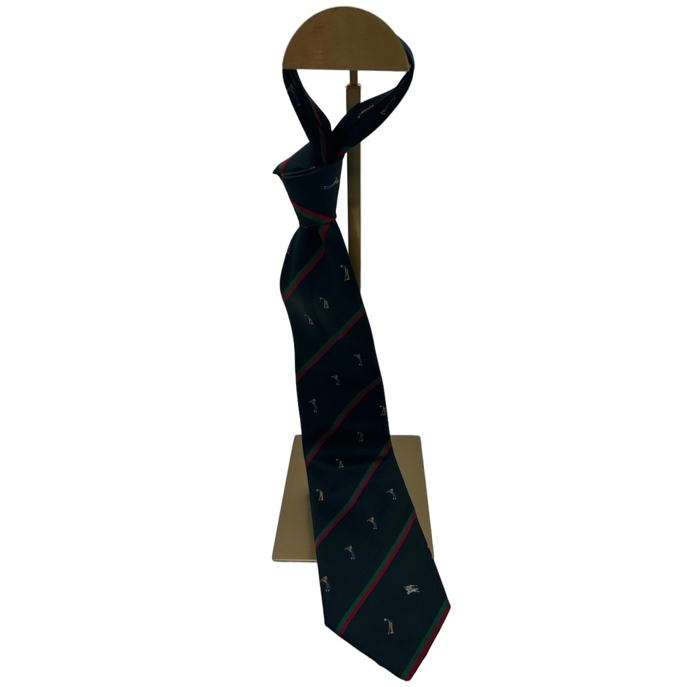 Vintage Burberrys 100% Silk Tie Men's One Size Navy Striped Golf Motif Golfers